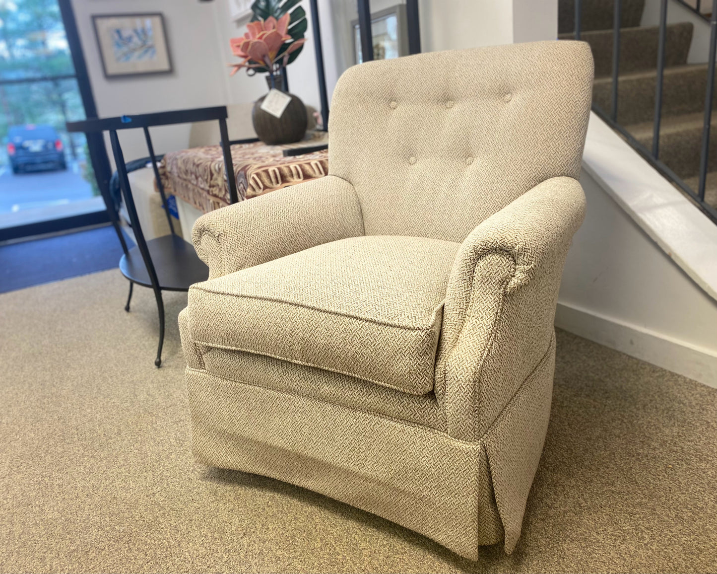 Sam Moore Swivel Glider in Neutral Menswear Fabric