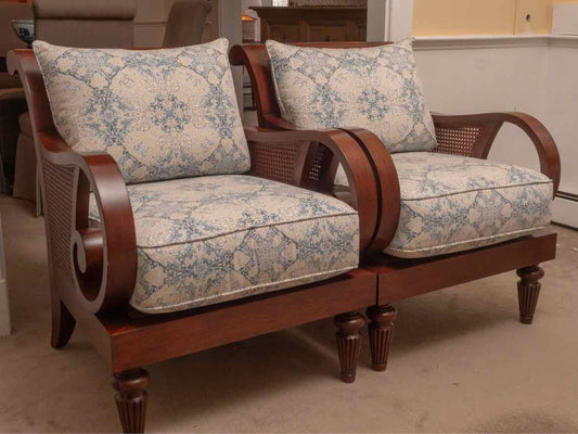 Pair Of Ethan Allen 'Berwick' Caned Sides  Chairs With Blue & White Cushions
