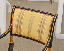 Pair of Regency Ebonized Arm Chairs with Gold Trim & Striped Yellow Silk