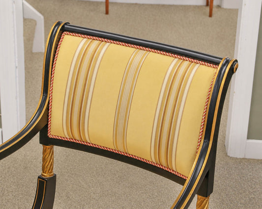 Pair of Regency Ebonized Arm Chairs with Gold Trim & Striped Yellow Silk