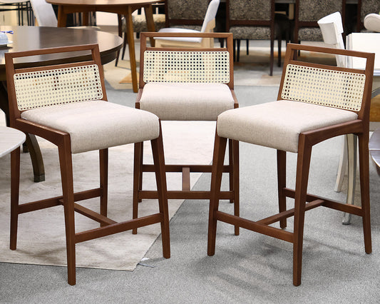 Set of 3 uultis SOTTO Counter Height Stools in Walnut, Beige Fabric & Cane