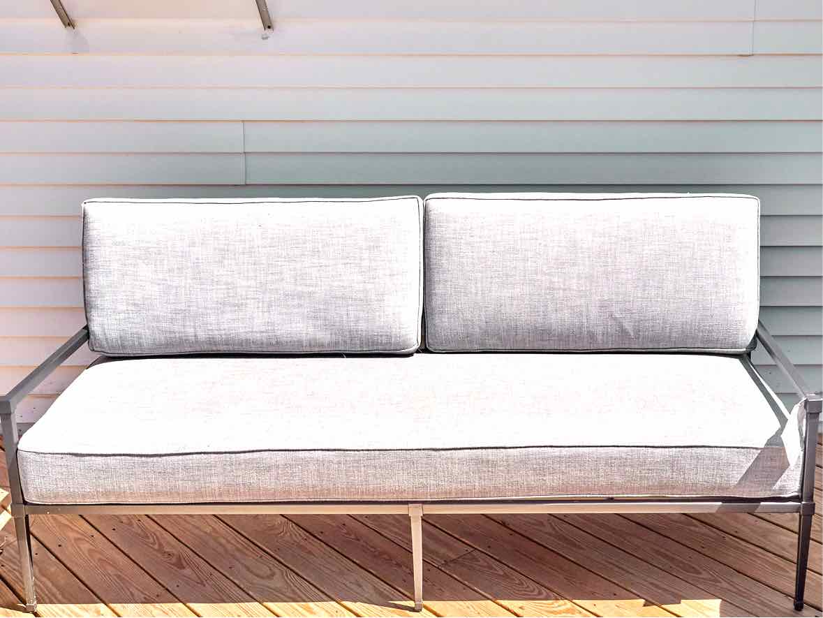 RH Gun Metal Grey Outdoor Sofa with Dove Grey Upholstered Cushions