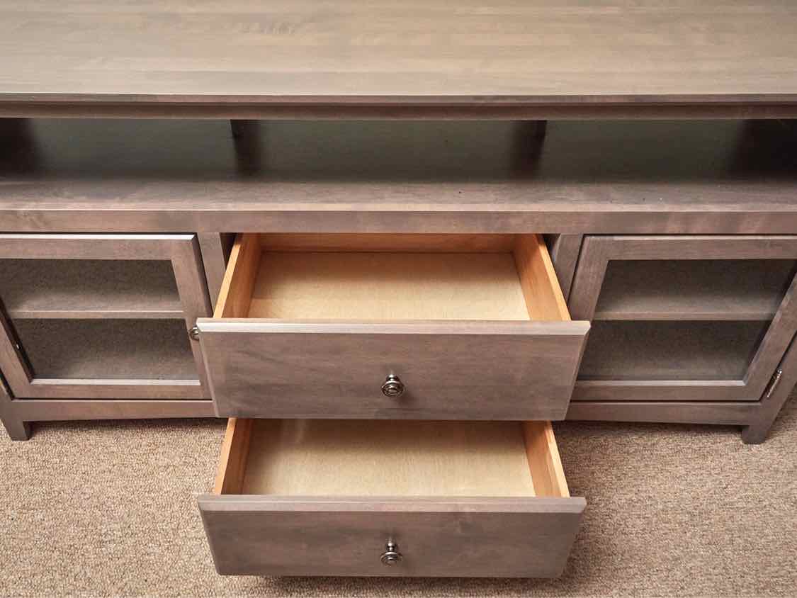 Gray Wash Media Furniture with 2 Glass Doors & 2 Drawers with Nickel Knobs