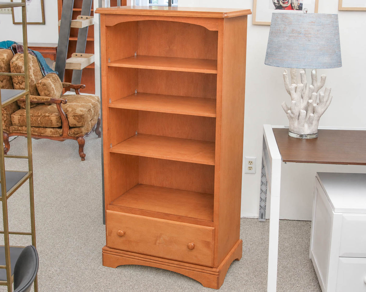 Birch Book Case In Warm Toned Wood & Arch Crown Top W/ Bottom Drawer