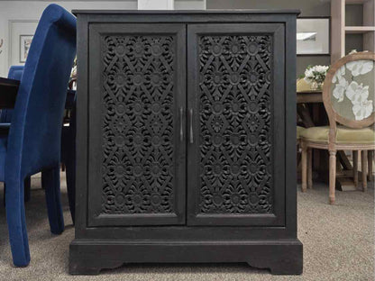 Black Bar Carved 2 Door Wine Cabinet w/ Glass Rack