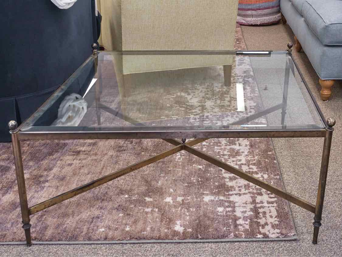 Square Cocktail Table with Glass Top on Brass Finish Metal Frame