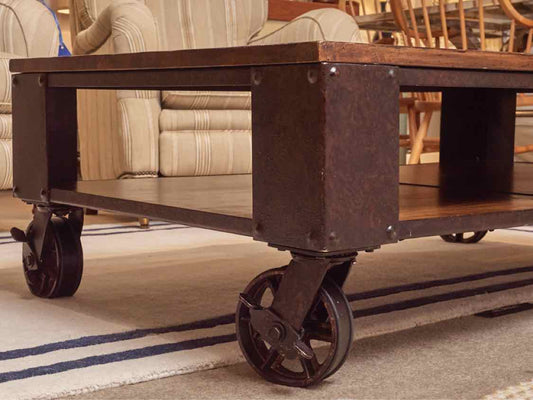 Industrial Rustic Wooden Top Metal Base With Wheels Cocktail Table