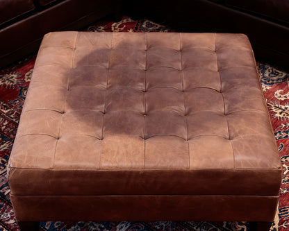 Square Brown Leather Tufted Ottoman