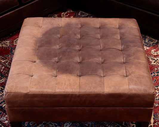 Square Brown Leather Tufted Ottoman