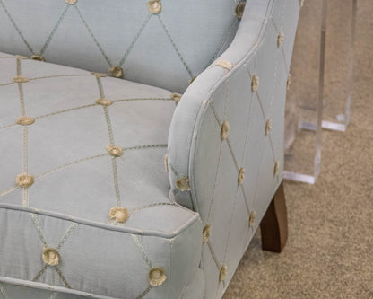 Michael Thomas Tall Wingback Settee in Pale Blue Embroidered Chenille