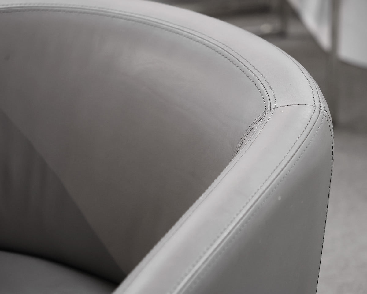 Set of 6 Restoration Hardware Emery Barrelback Leather Dining Chairs in Grey