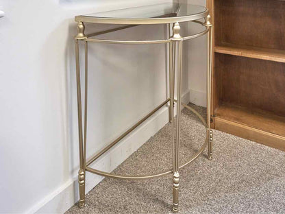 Gold Finish Metal Demi-Lune Accent Table with Mirror Top