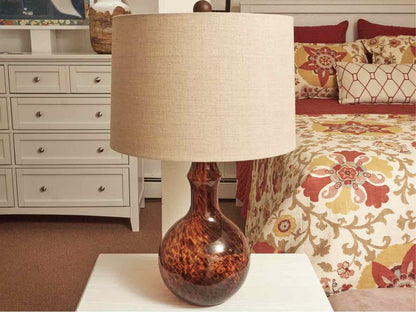 Hand Blown Sienna Amber Glass Table Lamp With Tan Linen Shade