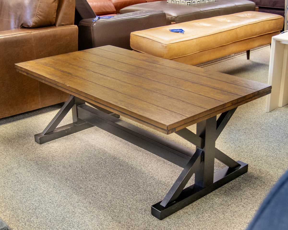 Wood Plank Cocktail Table W/Black X-Frame Trestle Base