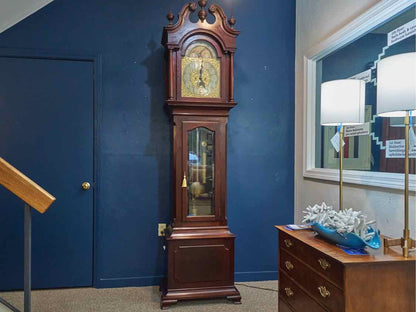 Antique Grandfather Clock with Sea Motif, Brasswork Face & Mahogany Case