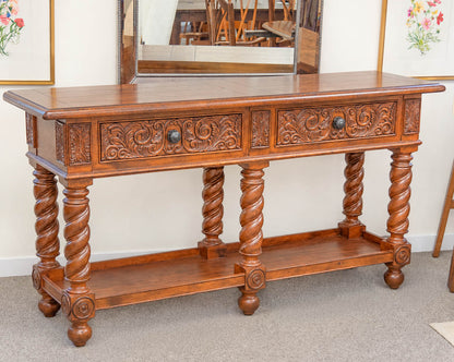 Broyhill Carved Oak Buffet Table W/ 2 Darwers On Spiral Barley Twist Legs