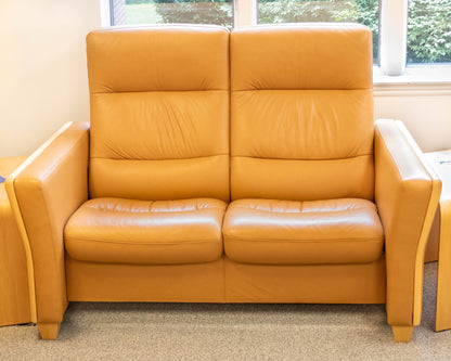 Ekornes Camel Leather High Back Reclining Loveseat