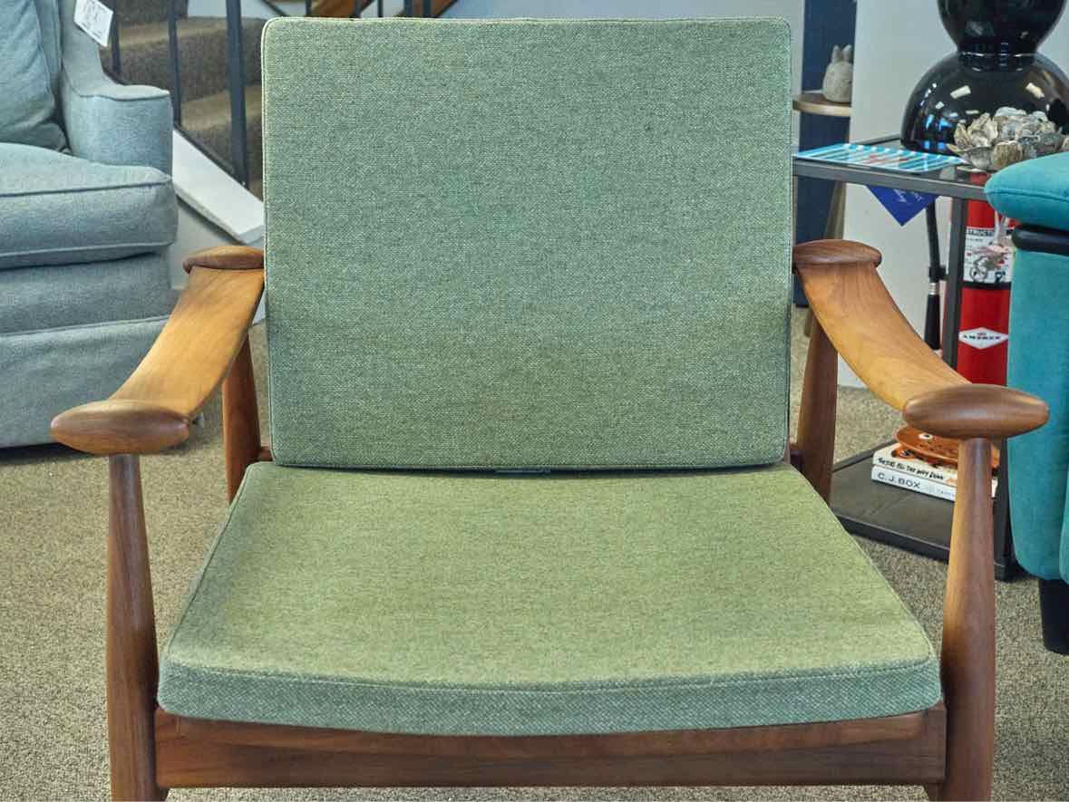 MCM Style Walnut Arm Chair in Chartreuse Green Cushions