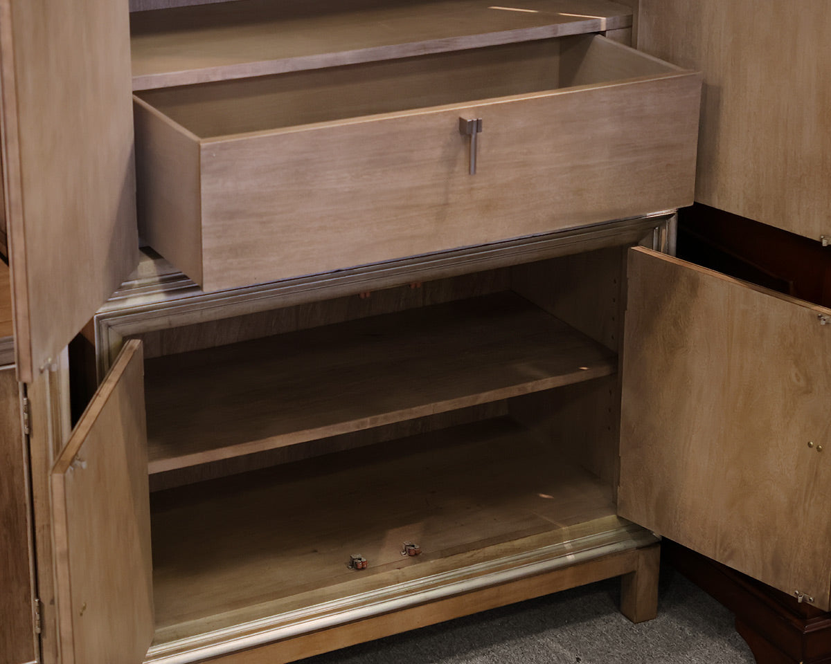 Hickory White Custom Tall Cabinet in Drifted Wood with Silver Trim