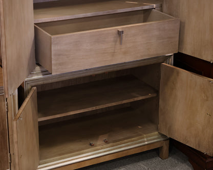 Hickory White Custom Tall Cabinet in Drifted Wood with Silver Trim
