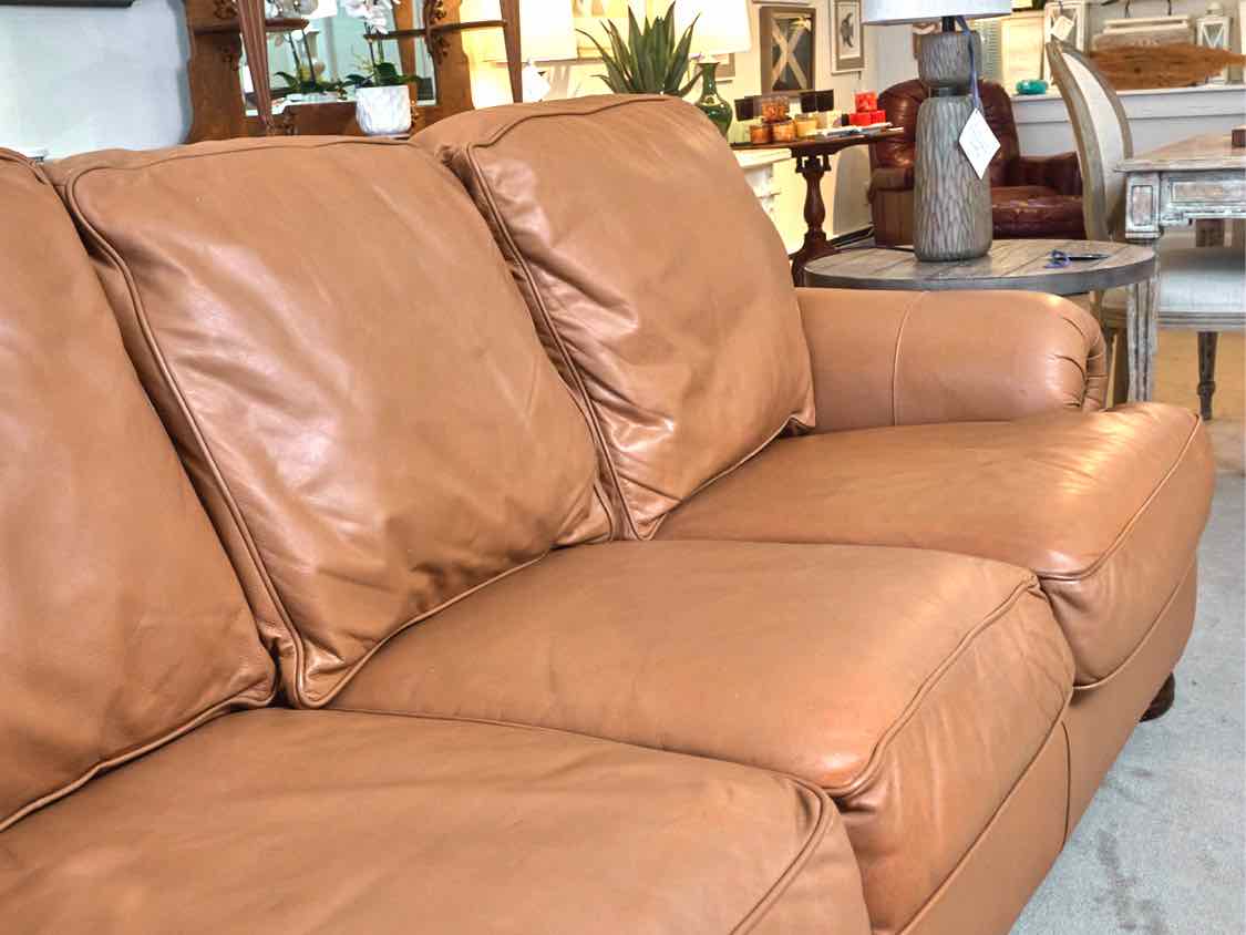 Drexel Pelle 'Russet' Leather 3 Cushion Nailhead Trim Rolled Arms Sofa