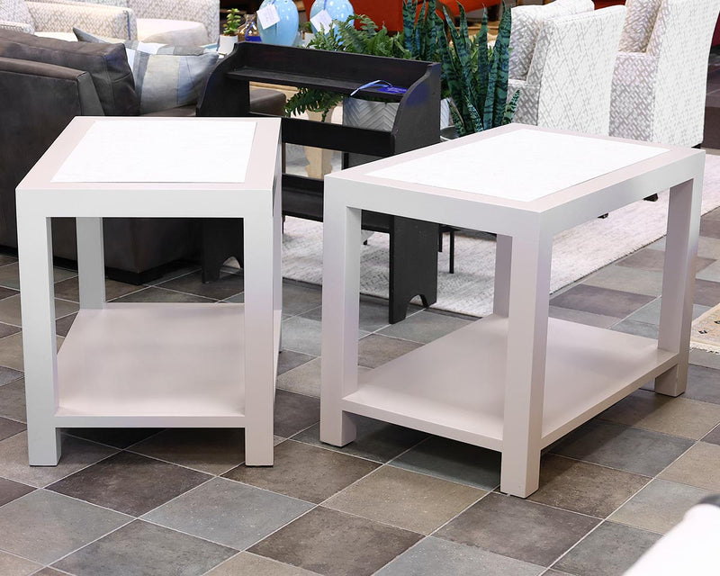 Pair of Custom Side Tables in Sand with Faux Lizard Top