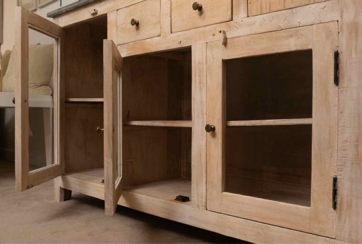 Zinc Wrapped Distressed Cream Finish 4 Glass  Doors 3  Drawers  Sideboard