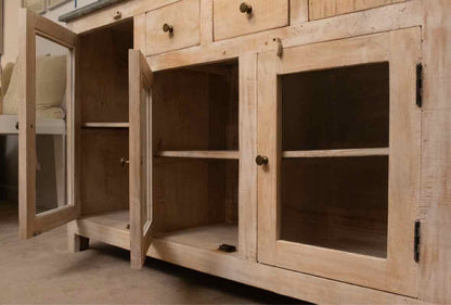 Zinc Wrapped Distressed Cream Finish 4 Glass  Doors 3  Drawers  Sideboard