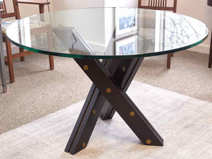 Glass Top 28" Round Dining Table with Black Cross Pedestal with Gold Accent