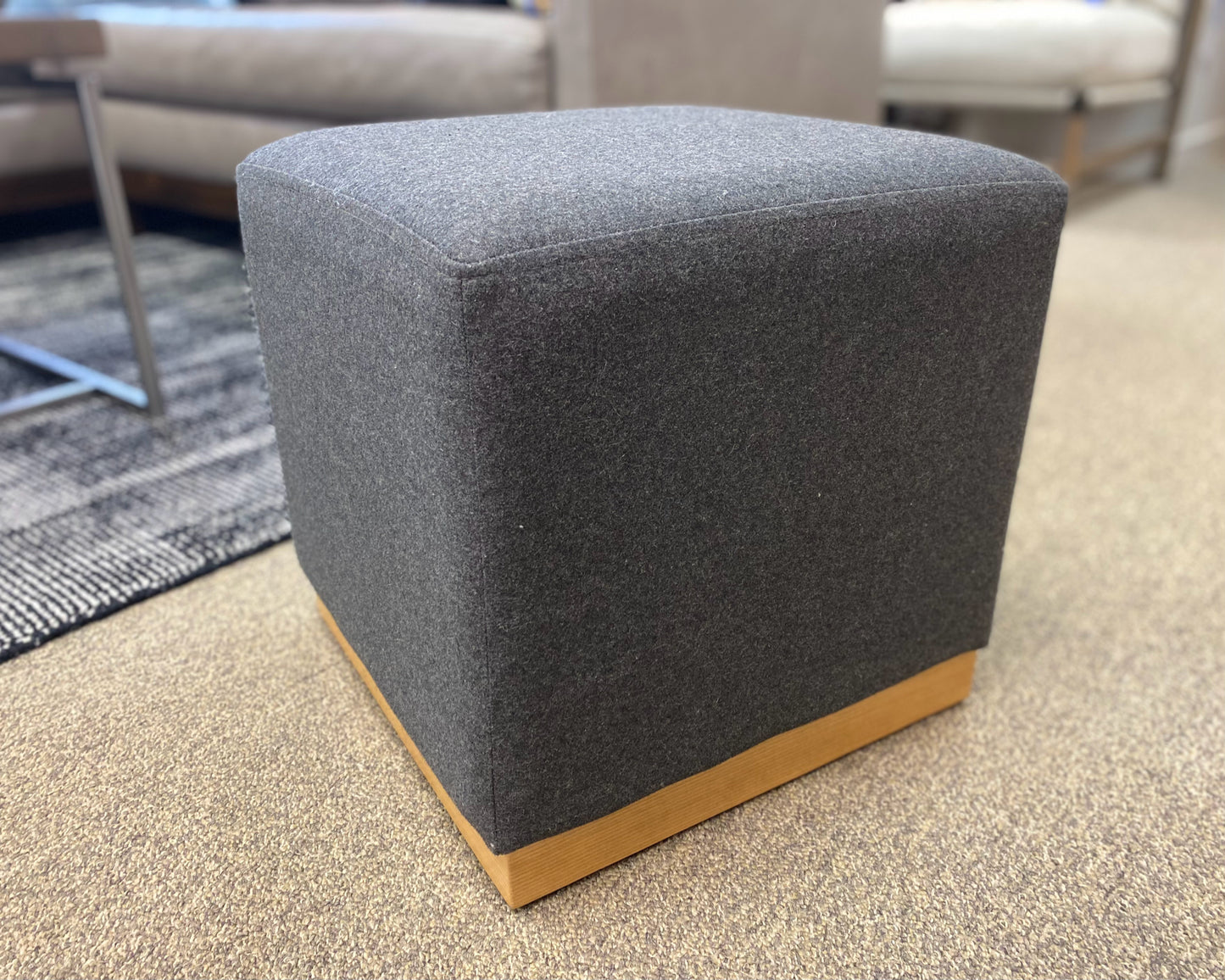 Grey Felt Cube Ottoman on Wooden Base