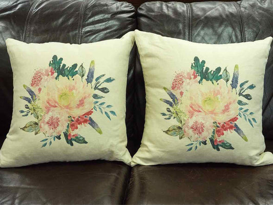 Pair of  Linen Peony  Flower on Linen Accent Pillows