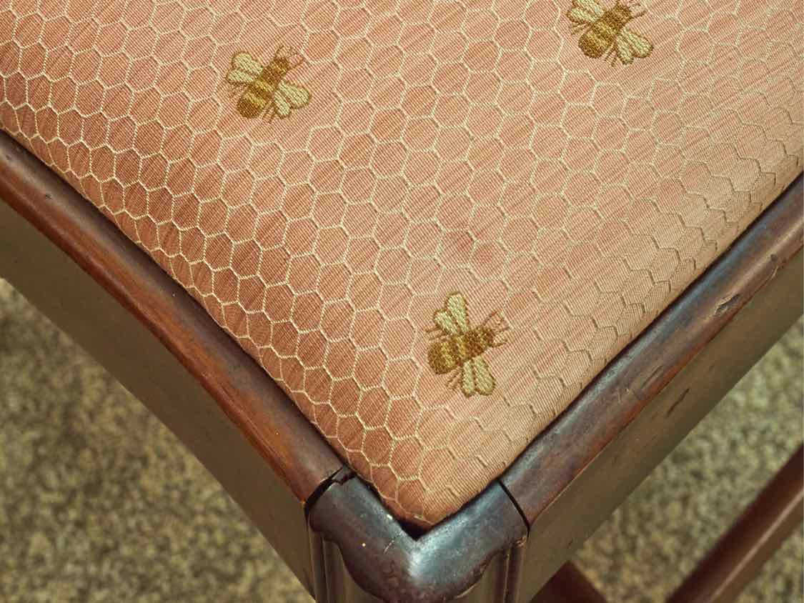 Set of 6 Chippendale Dining Chairs in Cherry with Pale Coral Bee Fabric Seats