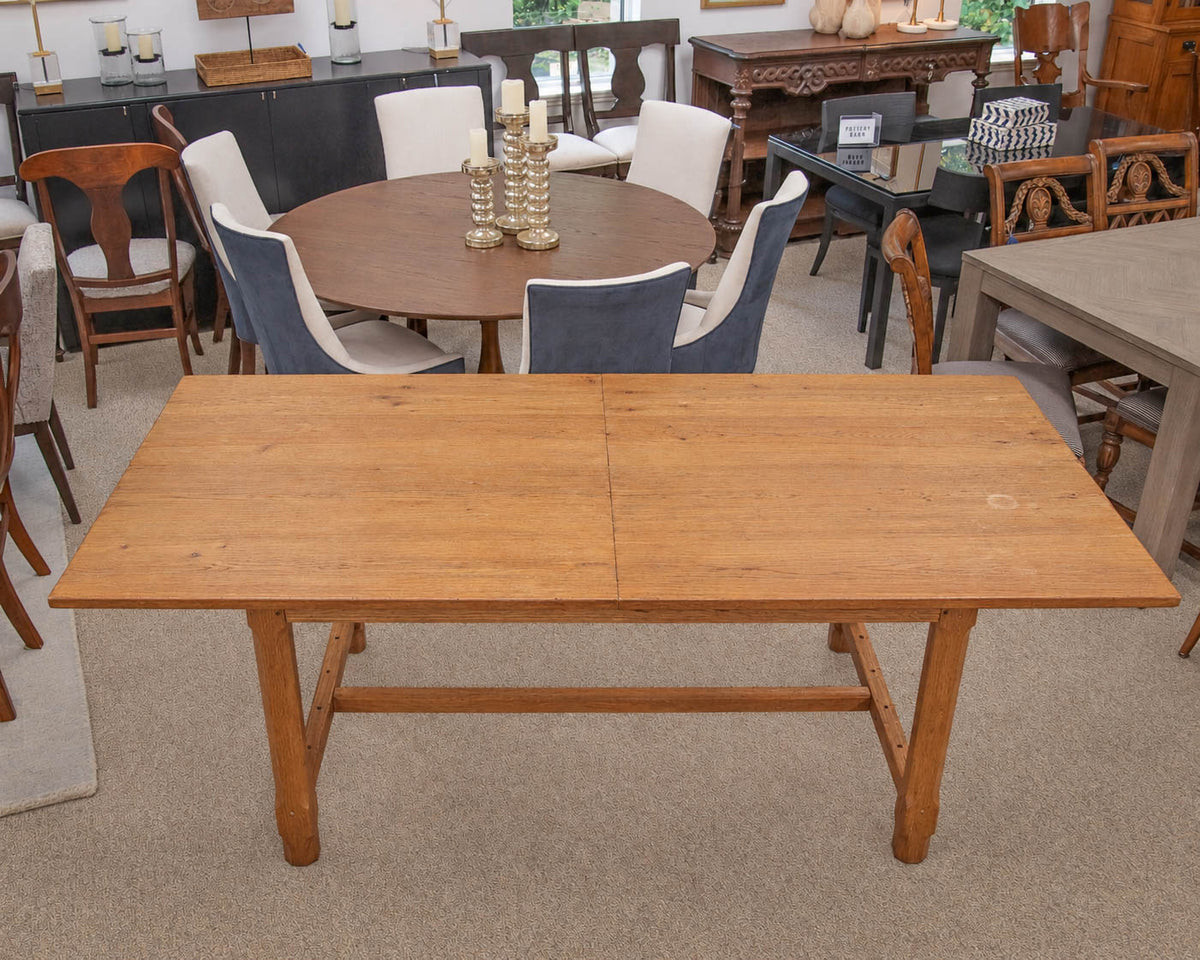 Oak Dining Table W/ 2 Leaves  In Honey Finish Featuring An H-Stretcher Base