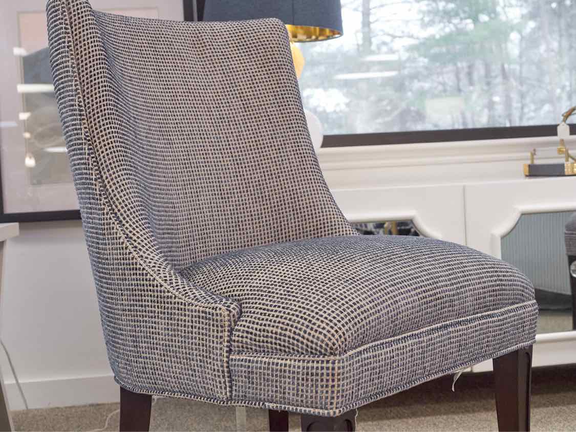 Pair of Wesley Hall Accent Chairs in Navy and Cream Upholstery