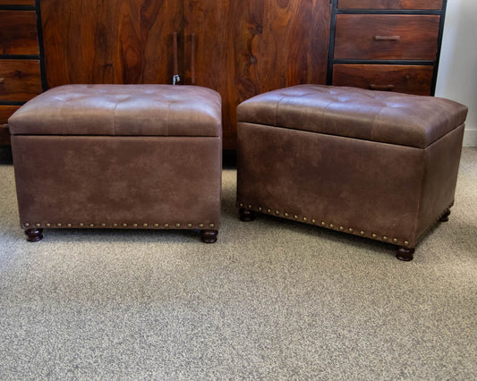 Pair of Faux Leather Tufted Storage Ottomans in Coffee with Nailhead Trim