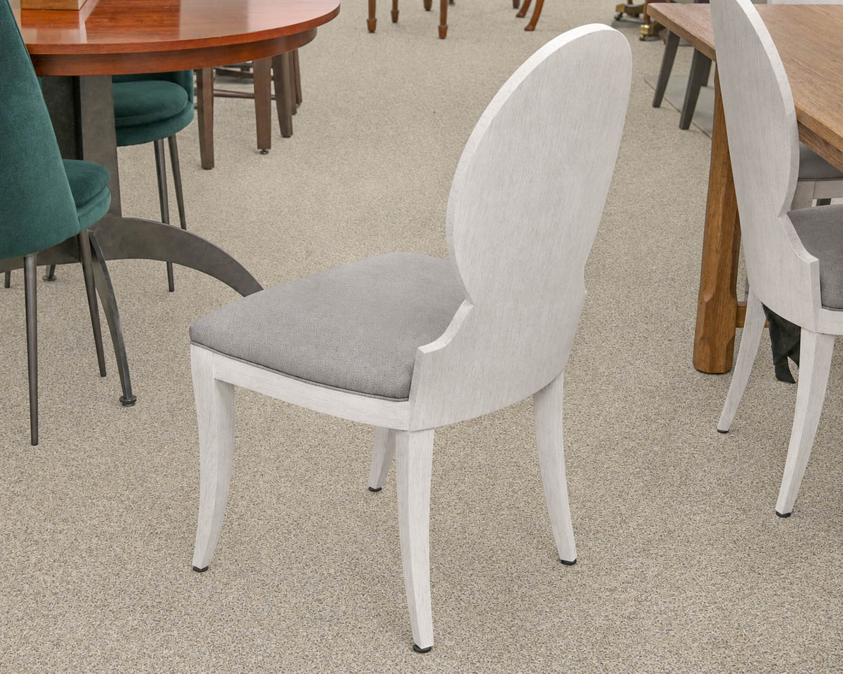 Set Of 4  La Beau Dining Chairs In Distressed White Finish & Grey Pebbled Uphols