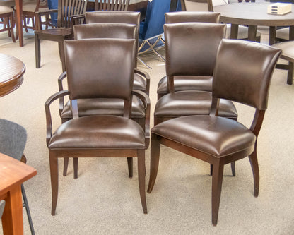 Set of 6 Ethan Allen Drew Dining Chairs in Brown Leather on Dark Finish Frame