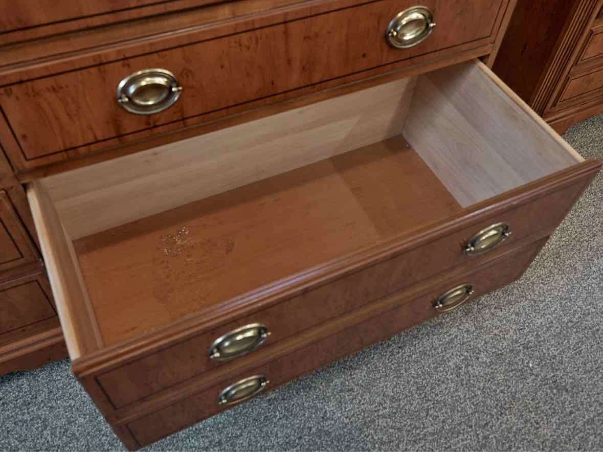 Drexel Inlaid Burlwood Seven Drawer Dresser & Mirror