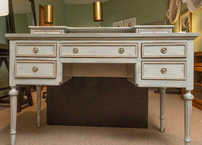 Distressed Grey Finish 7 Drawer Writing Desk With Reeded Legs