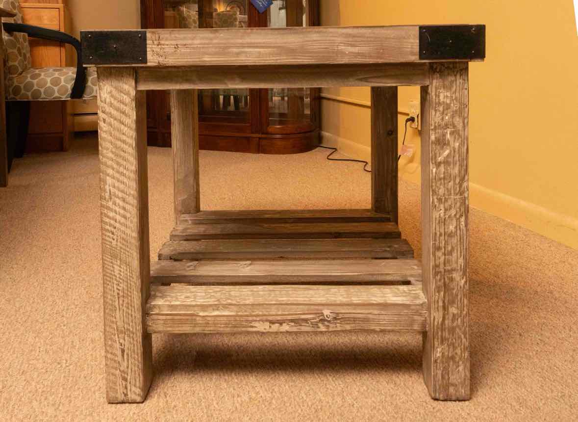 Stone Top Grey Wash Finish Side Table with Plank Wood Shelf