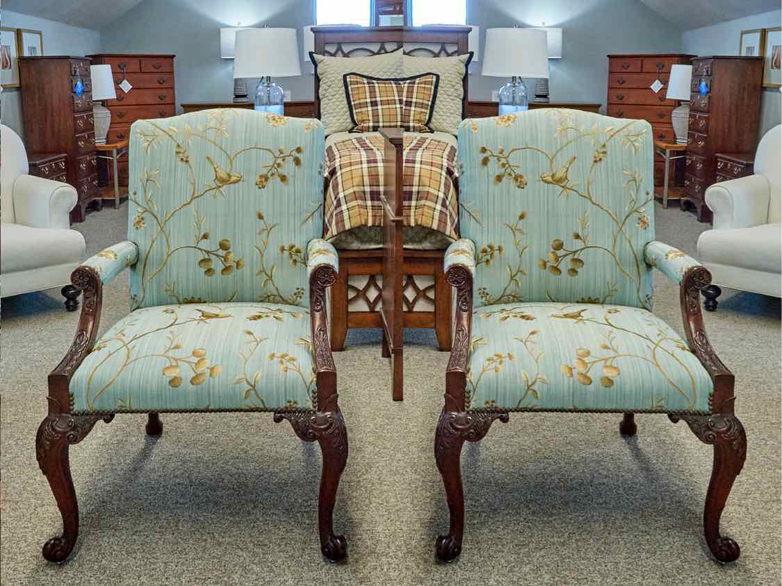 Pair of Custom Carved Mahogany Framed Arm Chairs