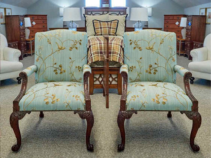 Pair of Custom Carved Mahogany Framed Arm Chairs