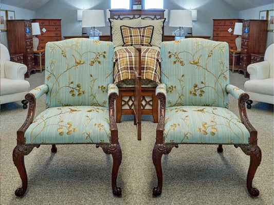 Pair of Custom Carved Mahogany Framed Arm Chairs