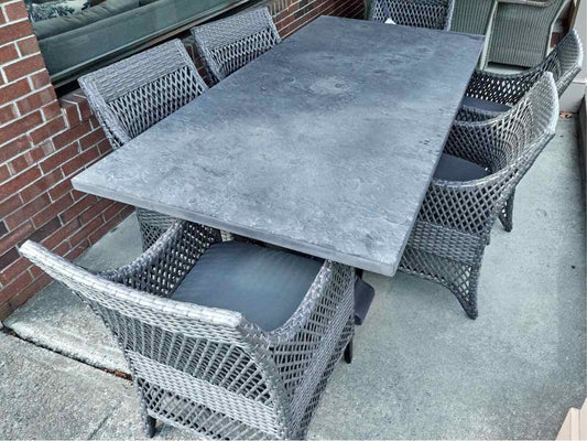 Frontgate Cast Alumium  Outdoor  Dining Set with 6 Grey Wash Wicker Arm Chairs