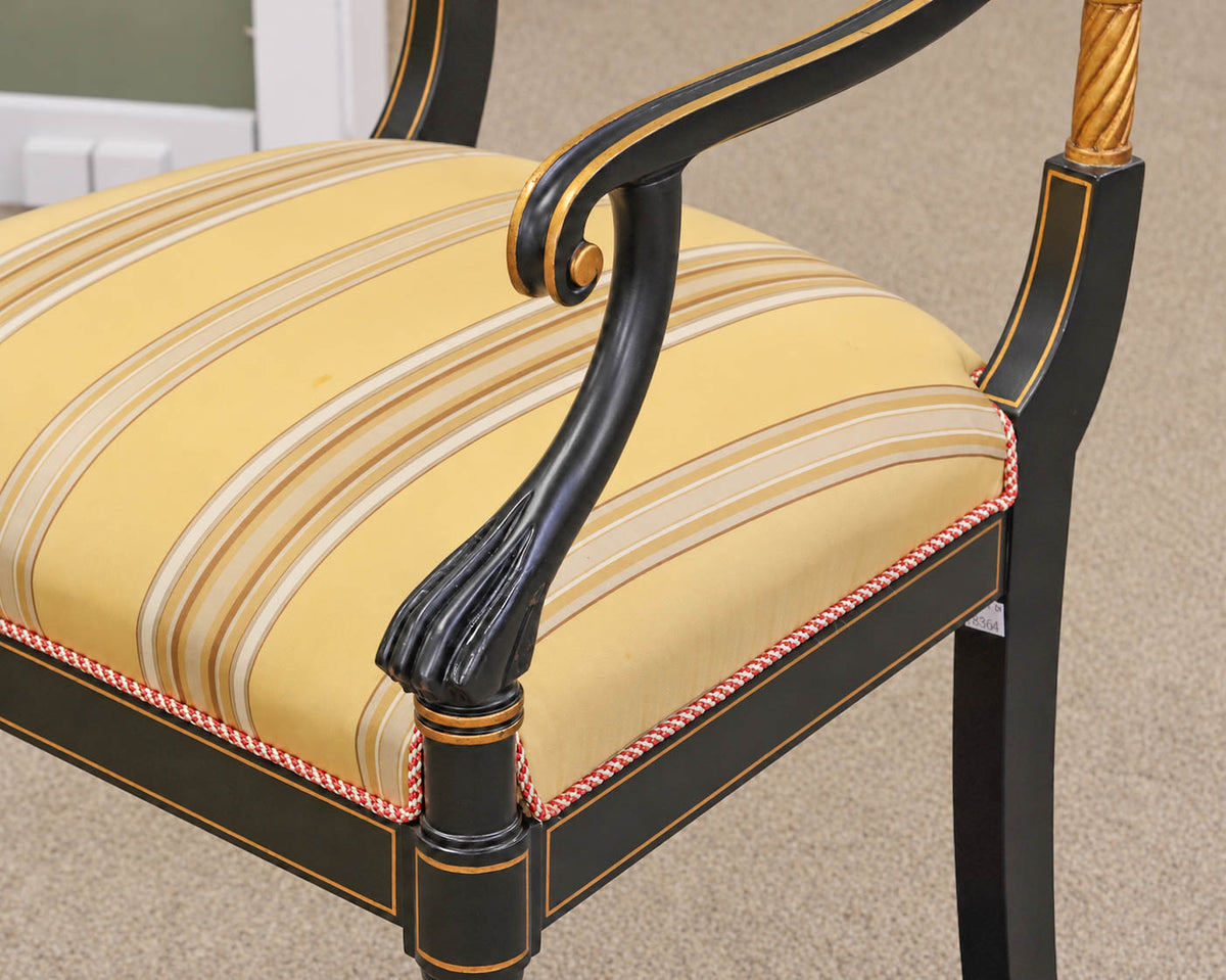 Pair of Regency Ebonized Arm Chairs with Gold Trim & Striped Yellow Silk