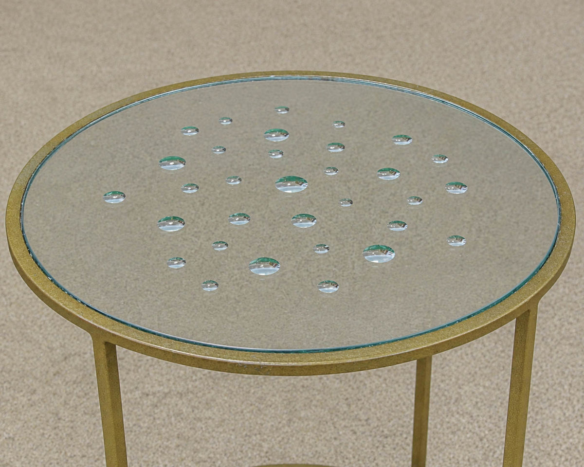 Metal Accent Side Table with Water Droplet Design and Glass Mirrored Top