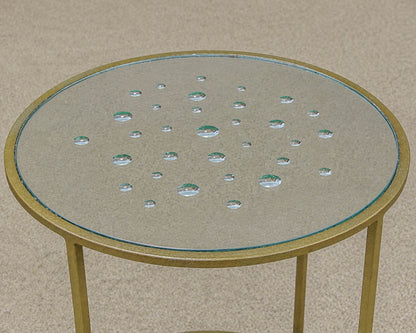 Metal Accent Side Table with Water Droplet Design and Glass Mirrored Top