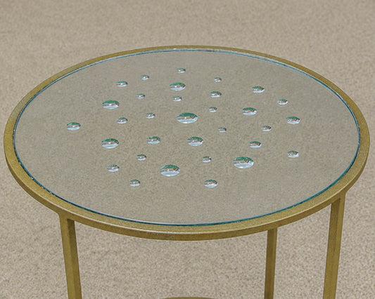 Metal Accent Side Table with Water Droplet Design and Glass Mirrored Top