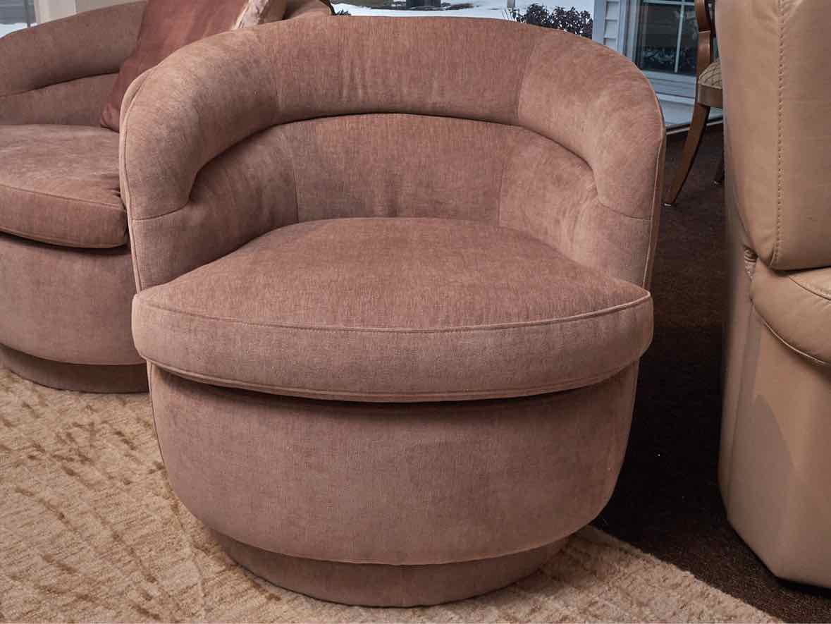 Pair of West Elm Milo Baughman Style 'Light Pink Shimmer' Swivel Modern Chairs