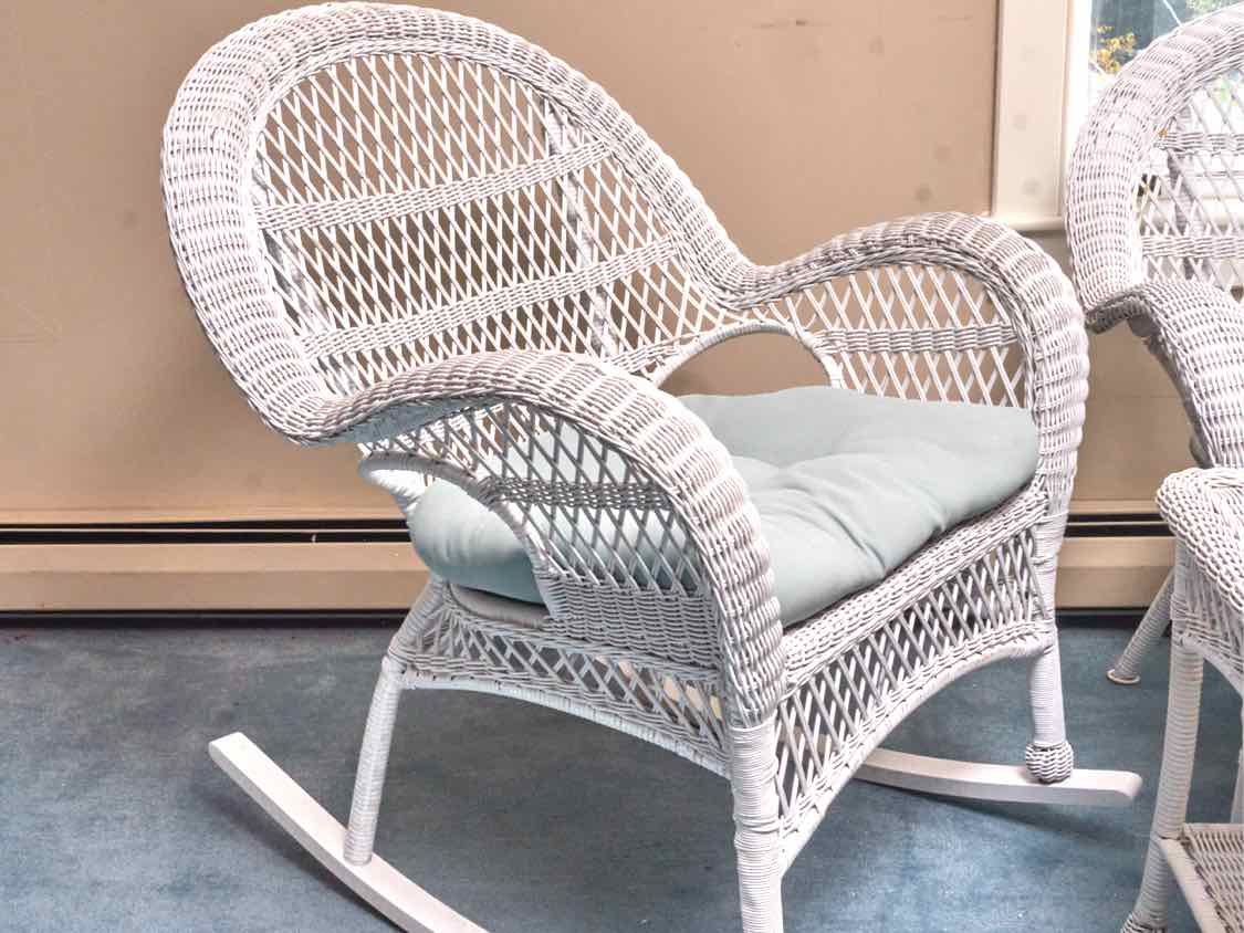 Pier1   Indoor White Wicker  Loveseat,Rocker, Side Chair, 2 Side Tables Set